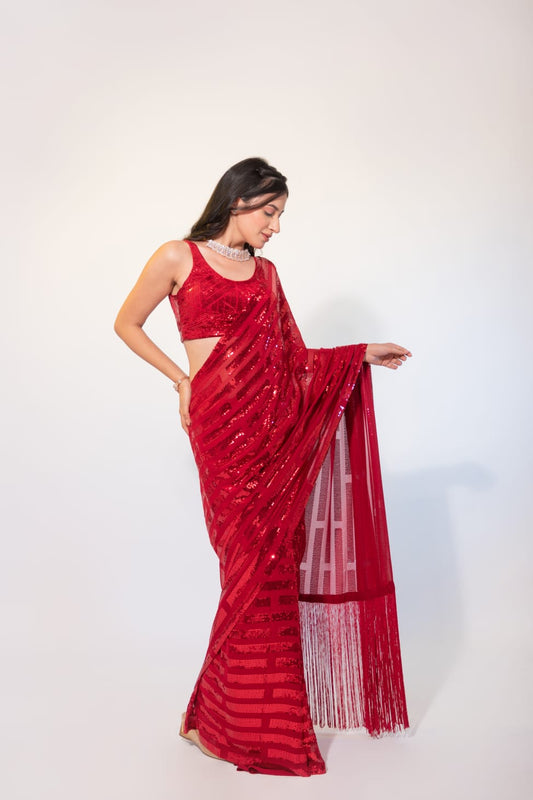Women Fancy Red Net Saree